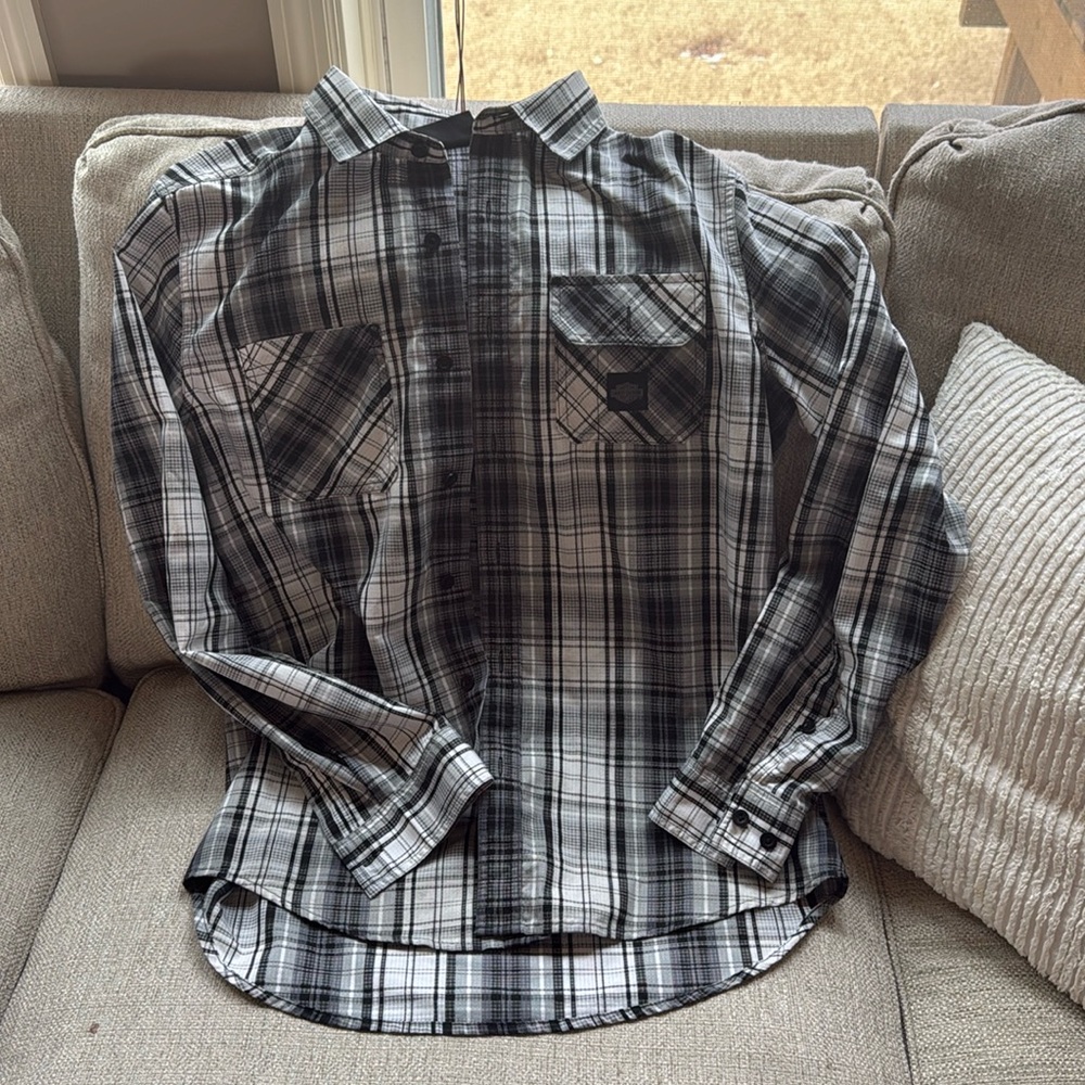 Harley-Davidson Long Sleeve men’s performance, long slv. button down black plaid